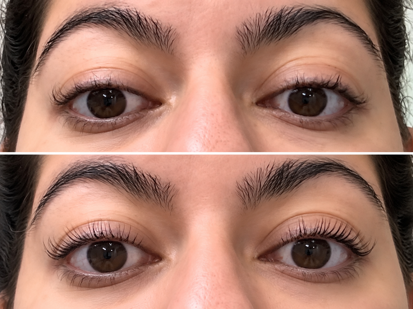 Before and after results from an at-home lash lift kit