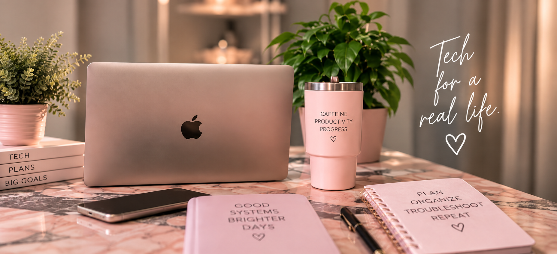 Cozy tech workspace with laptop, coffee, and notebooks